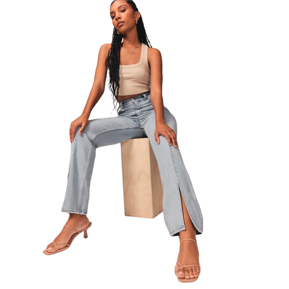 Abercrombie Curve Love 90s Straight Ultra High Rise Light Wash Front Slit 27 - Picture 1 of 12